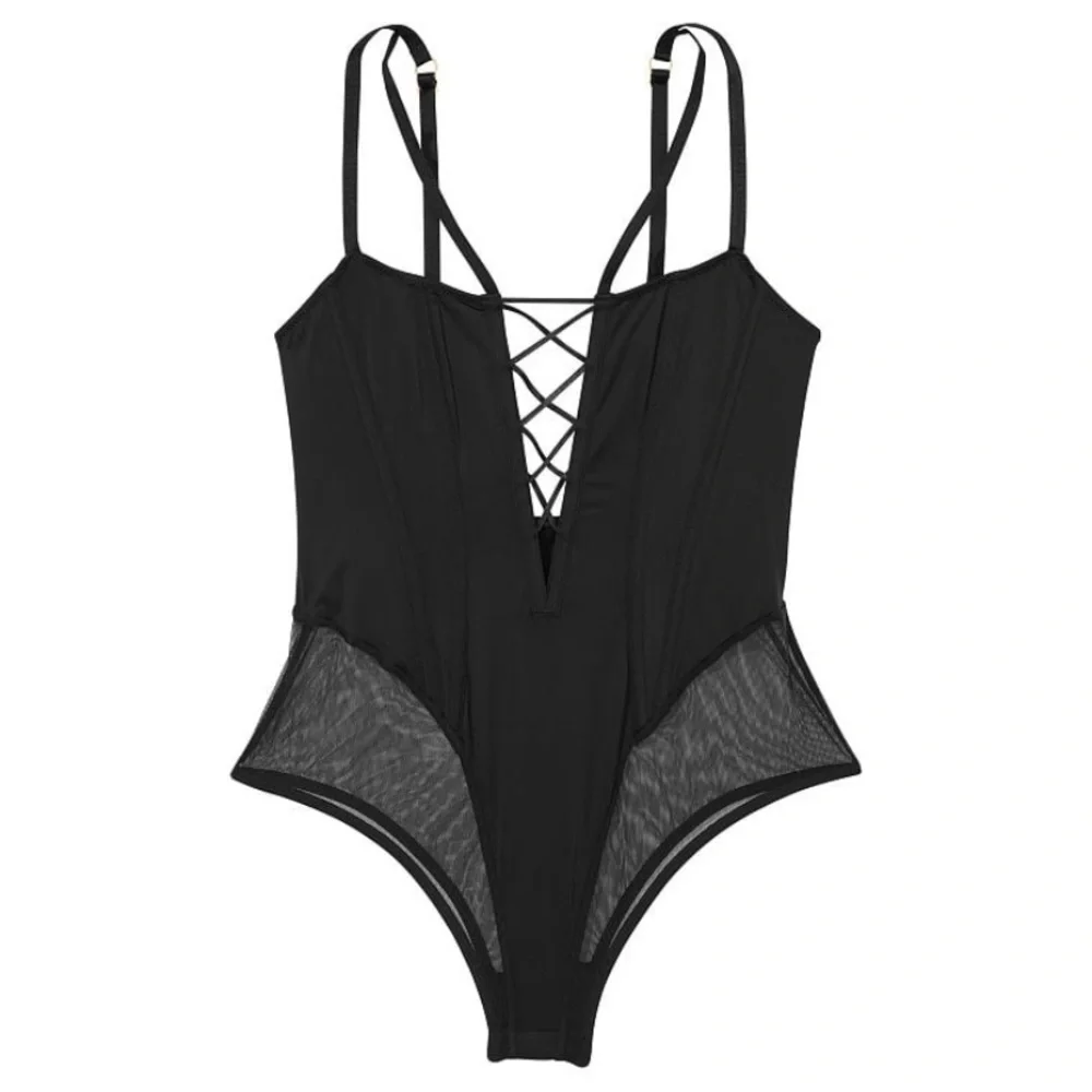 New! Victoria's Secret black lace-up corset teddy bodysuit nwot 19988